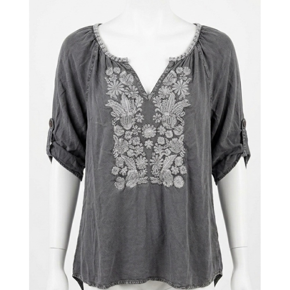 Solitaire Womens Grey Embroidered Roll‎ Tab Sleeve Peasant Blouse Top Medium